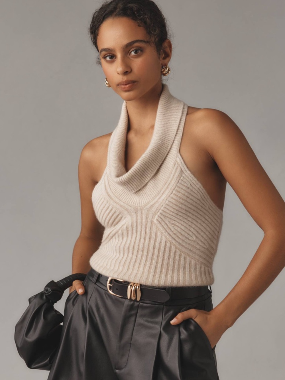 Pilcro Cashmere Plunge-Neck Halter Cropped Sweater Tank (Size M)